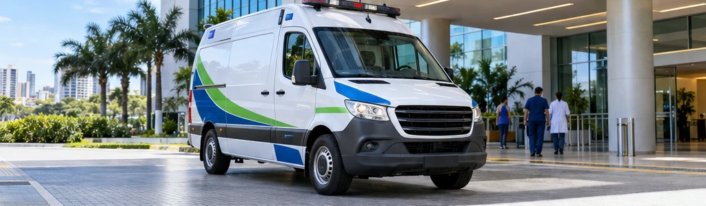 Imagem ilustrativa de ambulância junto a um hospital